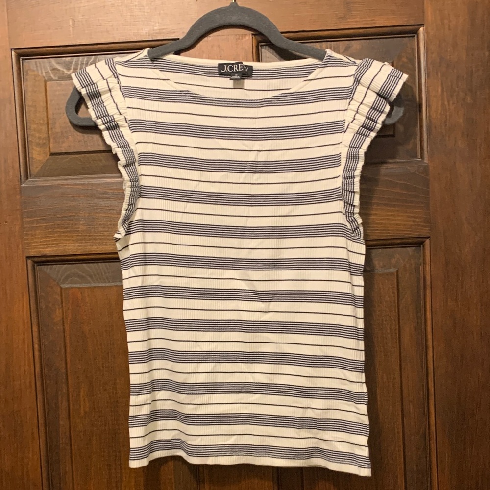 J. Crew Cream and Navy Striped Ruffle Sleeve Tank